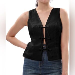 Black linen Sleeveless Top with Bow Details